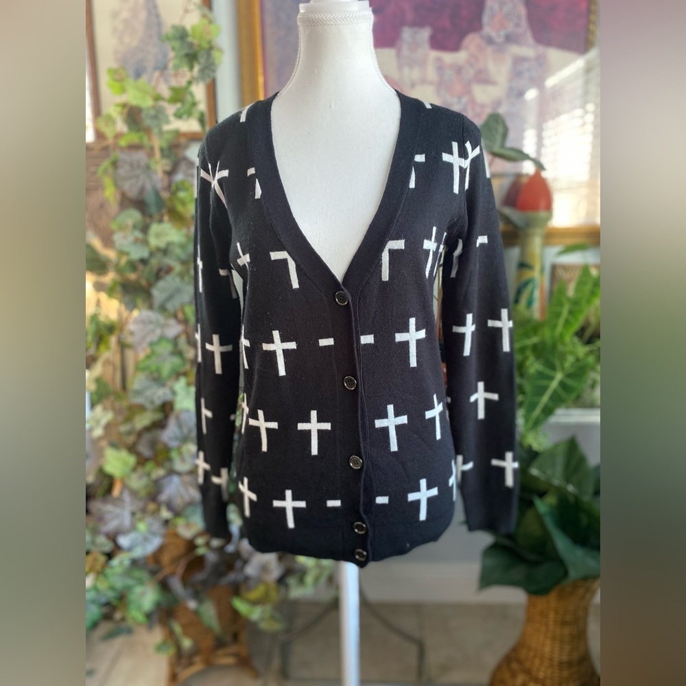 Forever 21 Cardigan Women Size Small Black Cross Religion Button Down Lounge
